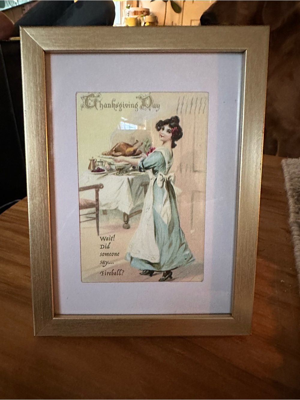 Gold Framed Thanksgiving Day Vintage Art Print - Blue & Cream 7.5 x 5.5 Fireball